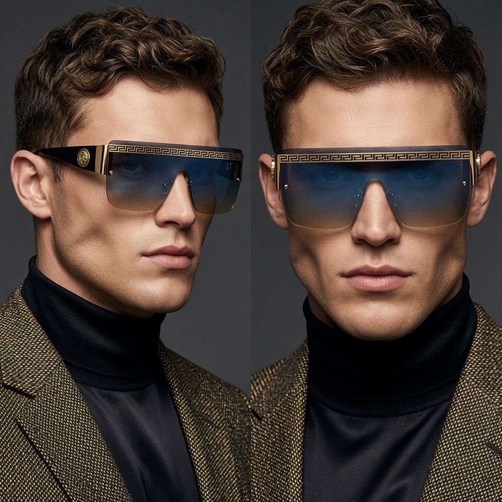Fashion Mens Shield Sunglasses Black Gold Greek Key Gradient Green Amber‎ Lens